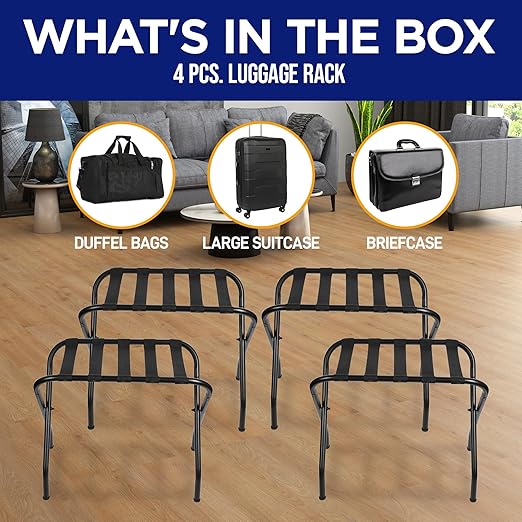 Lifemaster Metal Luggage Rack - Pack of 4 Foldable, Easy Assembly, Space Saving, and Stylish Steel Frame Guest Suitcase Stands with Nylon Straps - Black