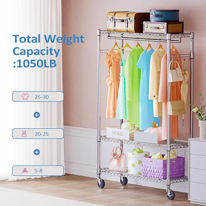 IZEUK Heavy Duty Rolling Garment Rack Wire Clothes Rack for Hanging Clothes (Chrome, 3 Tier with 2 Rod, 15.7" D x 45.3" W x 75.6" H)