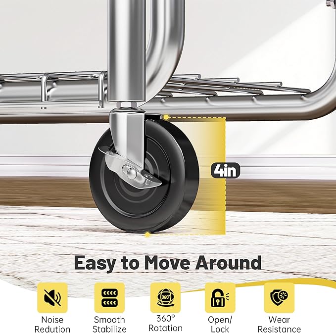 Raybee Heavy Duty Clothes Rack Load 630 LBS, Double Rods Rolling Clothing Rack with 360° Lockable Wheels, Easy Assembly, Portable Adjustable Garment Rack with Shelves for Home & Commercial, Chrome