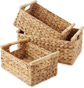 Casafield Set of 3 Water Hyacinth Rectangular Storage Baskets with Wooden Handles - Small, Medium, and Large Woven Nesting Baskets for Organizing
