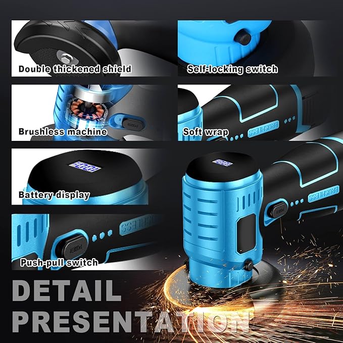 Brushless Cordless Angle Grinder Kit, 19500rpm Mini Electric Angle Grinding Tool with 2x16.8V 2000mAh Battery and 6-Cutting Discs, Grinder Handheld Cutter for Metal Wood