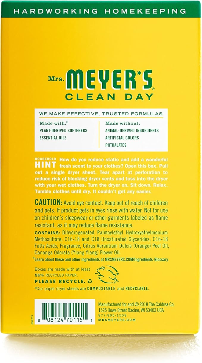 MRS. MEYER'S CLEAN DAY Dryer Sheets,Fabric Softener,Reduces Static,Infused with Essential Oils,Honeysuckle,80 Count (Pack of 12)