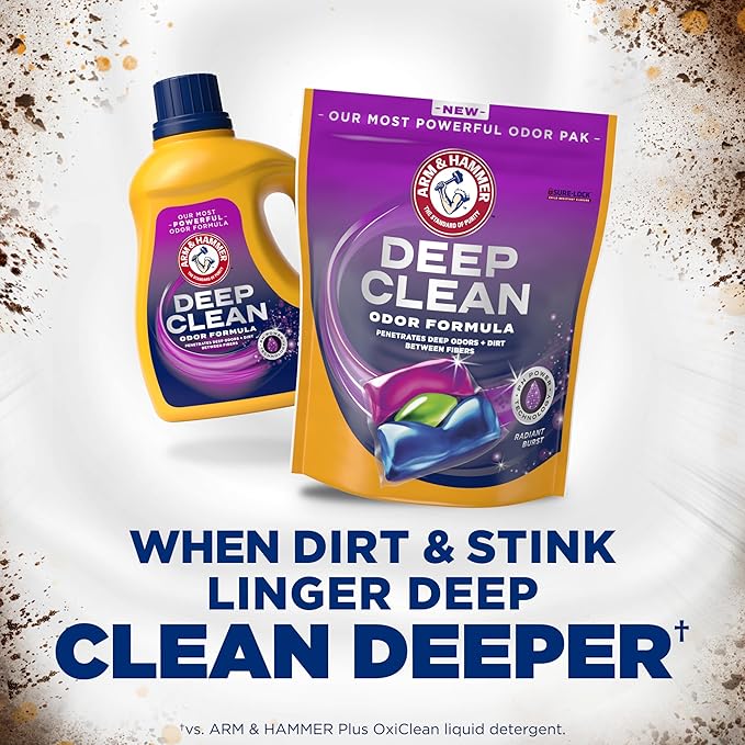 ARM & HAMMER Deep Clean Odor Formula Laundry Detergent Power Paks, Radiant Burst Scent, 32 Count, 32 Loads