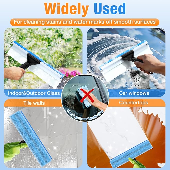 13.8" Window Squeegee for Glass Window Cleaning,All-Purpose Shower Squeegee with Microfiber Scrubber for Bathroom,Shower Glass Door,Mirror,Tile Wall, Car Windshield,Household Window Cleaner Tool,Bule