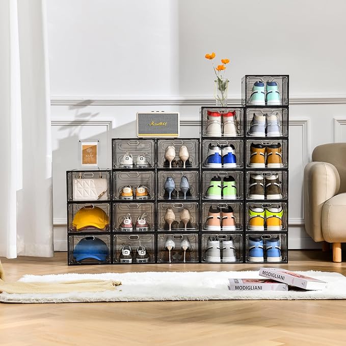 INSTY 12 Pack Gray Transparent Shoe Storage Organizer, Stackable Shoe Boxes for Closet, Drop Front Plastic Shoe Box with Grey Door, Easy to Assemble, Fit up US Size 12(13.4”x 9.8”x 7.1”)