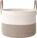 JMvicyroam 65L Extra Large Blanket Basket for Living Room - Woven Cotton Rope Laundry Hamper with Reinforced Handles - Storage Bin for Pillows, Comforters & Toys - Machine Washable,White&Brown