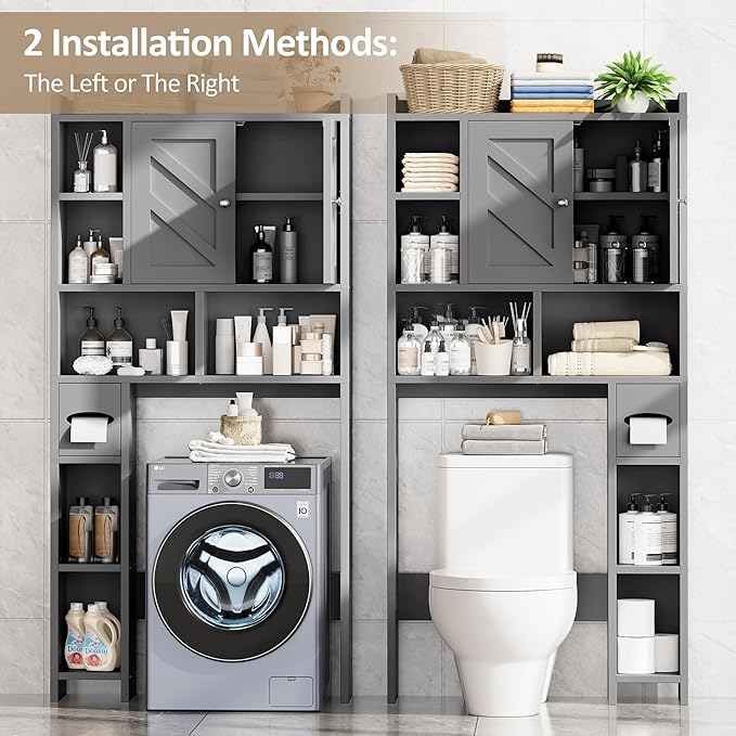 Meilocar Over the Toilet Storage Cabinet, Freestanding Farmhouse Storage Cabinet Over Toilet, Bathroom Organizer with Paper Holder Stand and Adjustable Shelf, Grey