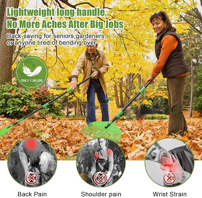 Lightweight Plastic Leaf Rake for Lawns - 16.5'' Wide Garden Rake for Leaves,Gentle on Lawn,65'' Adjustable for Women Seniors Kids,Outdoor Yard Rakes for Sweep Leaves,Grass, Pine Needle