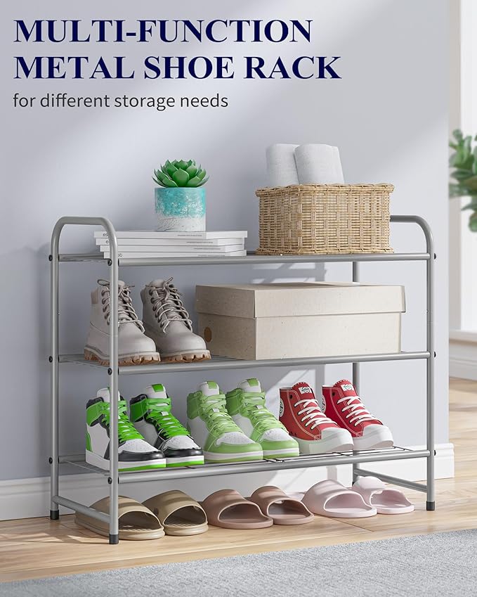 Kitsure Shoe Rack - Stainless Steel Shoe Organizer, Sturdy Shoe Rack for Closet and Front Door Entrance, Free Standing Shoe Shelf, Closet Organizers and Storage, 25.6" Wide - 3 Tier, Grey