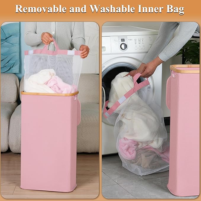 iEGrow Laundry Hamper with Lid, 110L Large Laundry Basket with Handle and Lid, Collapsible Clothes Basket Organizer with Removable Inner Bag for Clothes Toys Towels,Pink