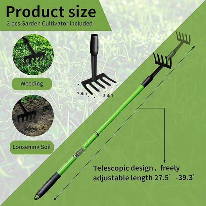 Garden Rake - Small Rake for Gardening with Telescopic Adjustable Handle (27-39”), Mini Rake for Tight Spaces, Flower Beds, Pots - No Bending & Elderly Friendly, Non-Slip Small Garden Rake