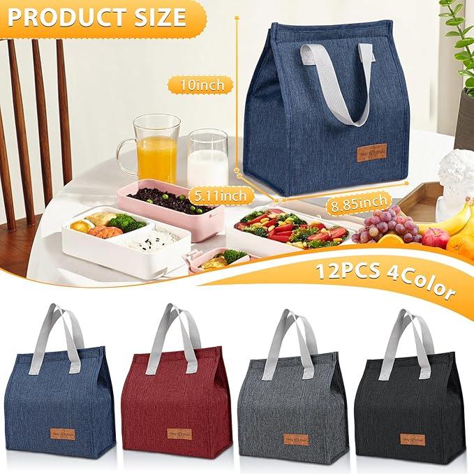 VZZNN 12 Pack Lunch Bags Bulk,Insulated Reusable Lunch Bags with Aluminum for Women Men,Leakproof Tote Large Lunch Box for Office,Work,Beach or Travel(Grey)