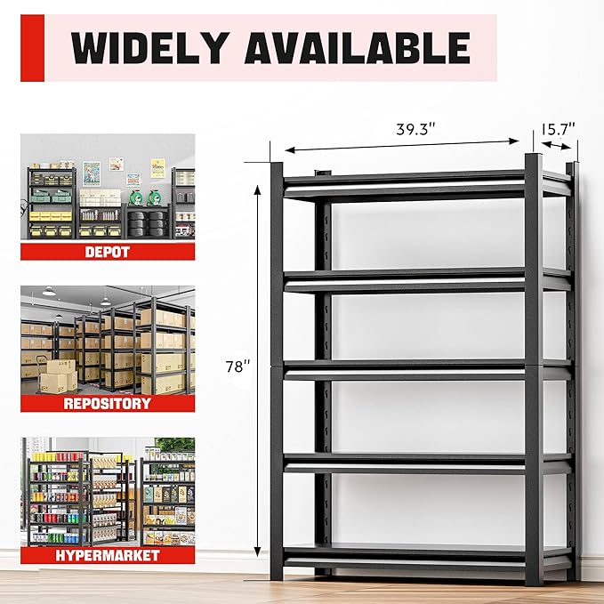 OLLRRACT Heavy Duty Garage Shelf – 5 Shelf Storage Shelving Rack Organizer for Home, Workshop, or Utility Spaces, Metal Shelving Unit for Maximizing Garage Storage 16" D x40 W x78 H