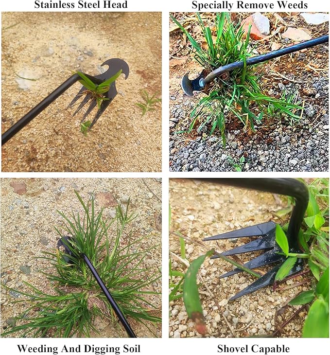 WMM Weed Puller Tool Gardening Tools Set of 2 Uprooting Weed Pulling Tool, 4 Teeth Manganese Steel Forged Weeding Tool for Vegetable, Portable Hand Weeder Tool for Garden Farm Planting Weeding