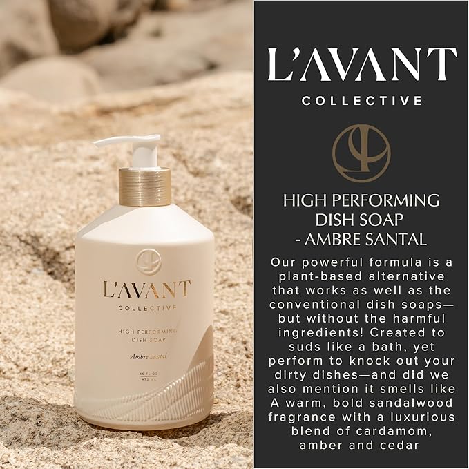 L’AVANT Collective High Performing Dish Soap | Plant-Based, Naturally Derived Formula, Ambre Santal Scent | 16 Fl oz Refillable Bottle | Luxury Kitchen Cleaning w/Elegant Countertop Design