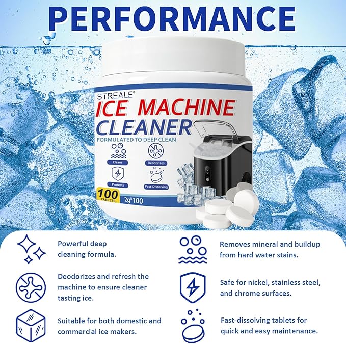 Ice Machine Cleaner Maker and Descaler - 100 Ice Maker Cleaner Tablets Compatible with All Major Brands, Nickel Safe Descaler Countertop Portable Commercial Icemaker Cleaning Solution