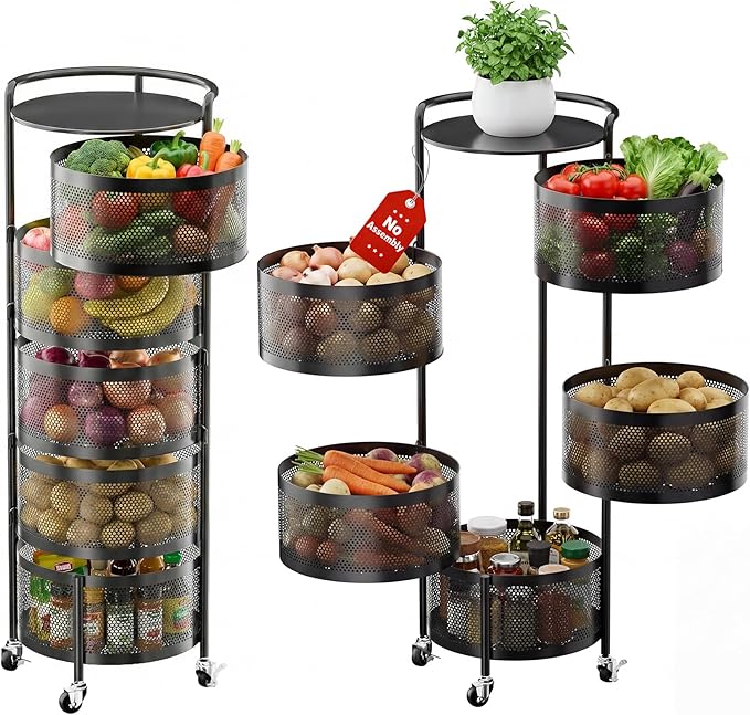 JAQ Rotating Fruit Basket, 5-Tier Metal Sturdy Kitchen Storage Rack Shelf Carts No Assembly on Rolling Wheels for Fruit Vegetable Grocery Corns Potato Onion (5-Tier, Black)