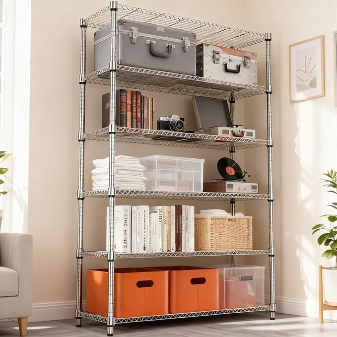 M MZG 2100LBS 47.2" W 6 Tiers Shelf Storage Shelves Metal Shelving Unit Heavy Duty Garage Shelving Adjustable Wire Shelves for Pantry,Kitchen,Garage,Basement,Chrome 17.7" D x 47.2" W x 82.4" H