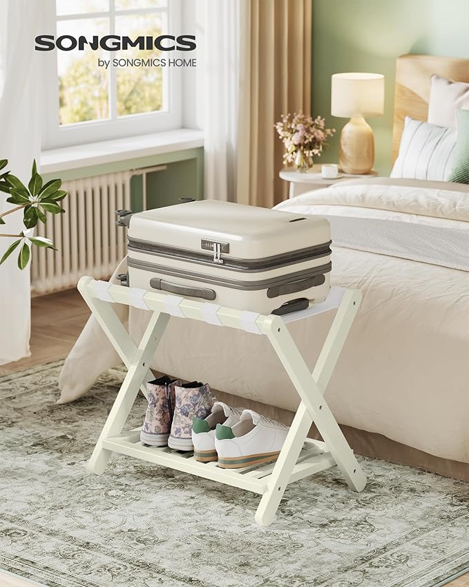 SONGMICS Solid Wood Luggage Racks, Set of 2, No Assembly Required, Foldable Suitcase Stand, Luggage Holder, with Storage Shelf, for Guest Room, Hotel, Bedroom, Cream White URLR021WZ02S