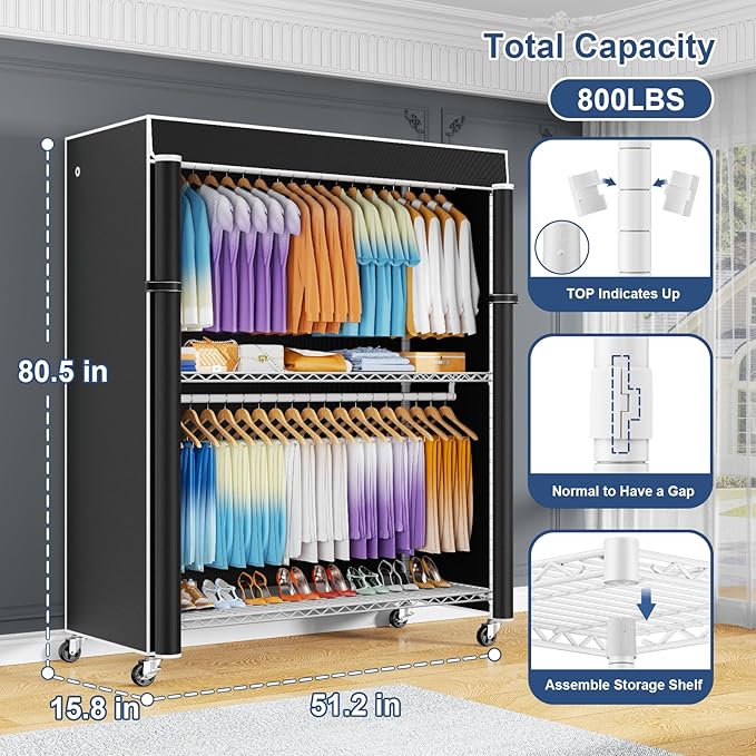 ULIFHOME P8C Max Heavy Duty Clothes Rack（With Extended Width Design） Rolling Clothing Racks for Hanging Clothes with Lockable Wheels，51.2"W x 15.8"D x 80.5"H，Load 700LBS，White Rack with Black Cover