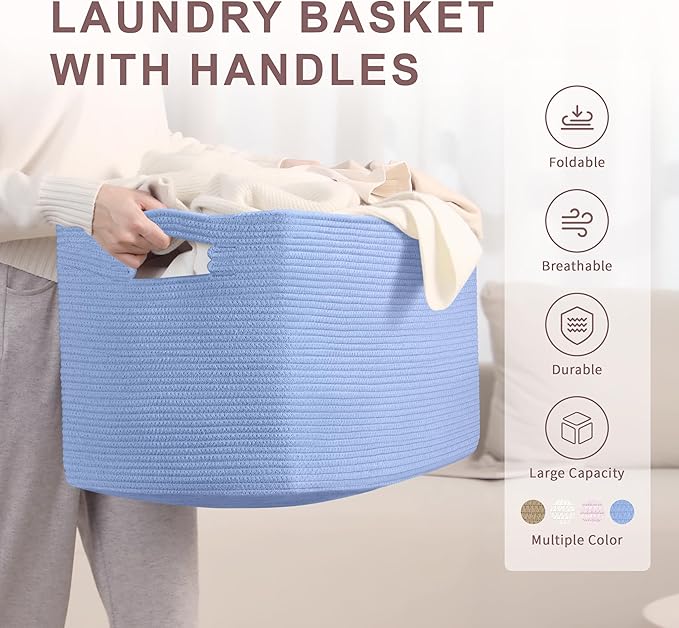 86L Large Baby Girls Laundry Basket for Nursery Storage,Cute Woven cotton Rope Baskets for Kids Toy，Gifts, Boho Square Wicker Blanket hamper for Living Room,Bedroom Dirty Clothes,Blue Purple