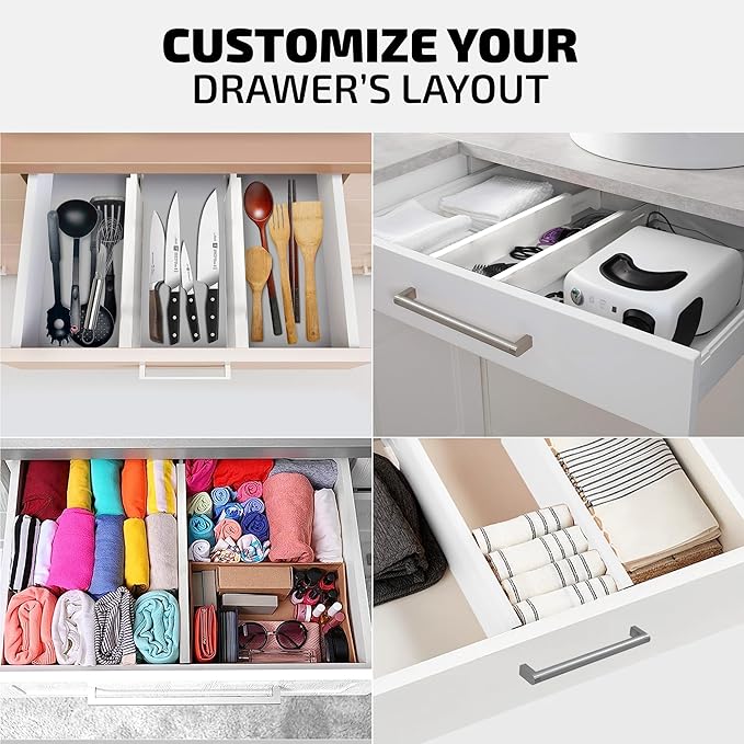 4 Pack Drawer Divider - 2.6" High, 16" to 22" Adjustable Bamboo Drawer Organizers for Clothes, Expandable Dresser Separators in Bedroom/Bathroom/Kitchen/Office Organization and Storage (White)