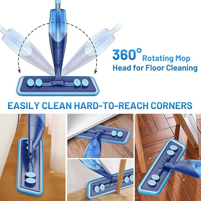 Microfiber Hardwood Floor Mop - Wet Dry Spray Mop with 4 Washable Pads for Tile Wood Laminate Vinyl Marble Home Kitchen - 500+ ML Refillable Bottle Dark Blue