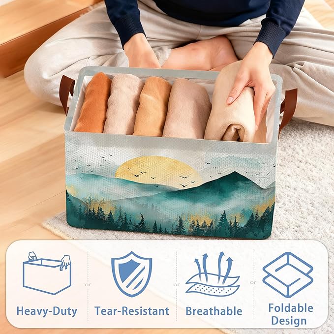 Abstract Mountains Collapsible Storage Box,Golden Sun Organizer Bin with Handles for Room Decoration,Bins Book Basket Box 17x11.5x10Inch