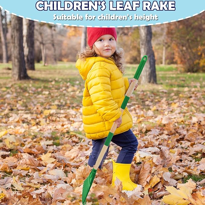 Kids Leaf Rake - 3-Section Adjustable Handle, Lightweight, Wood & Plastic, Small Garden Tool for Children (Green)