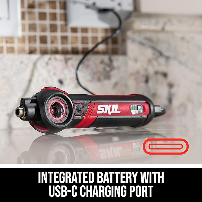 SKIL Twist 2.0 Rechargeable 4V Screwdriver with Pivoting Head, Torque Setting, USB-C Charging Cable, 28 PC Bit Set & Carrying Case- SD5619-02