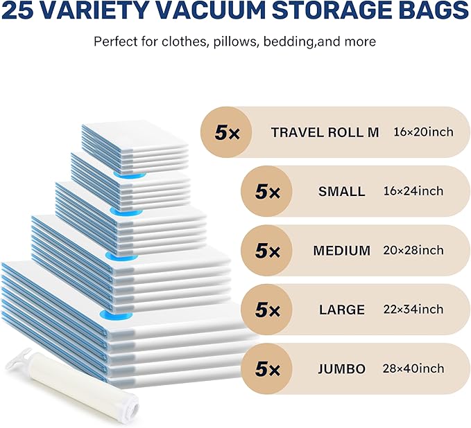 25 Pack Vacuum Storage Bags (5 Jumbo/5 Large/5 Medium/5 Small/5 Roll M) Space Saver Bags, Vacuum Seal Bags with Hand Pump for Comforters, Blankets, Bedding, Pillows and Clothes