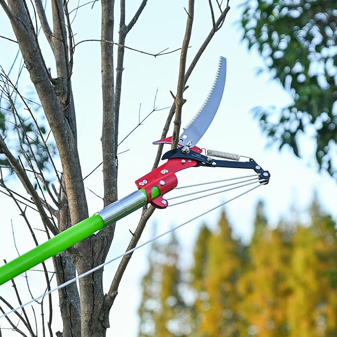Manual Pole Saw for Tree Trimming, 27 FT Manual tree purner with 8 Fiberglass Handles, Sharp steel Blade and Scissors, Easy to Carry and Extendable Design for Tree Maintenance, Green