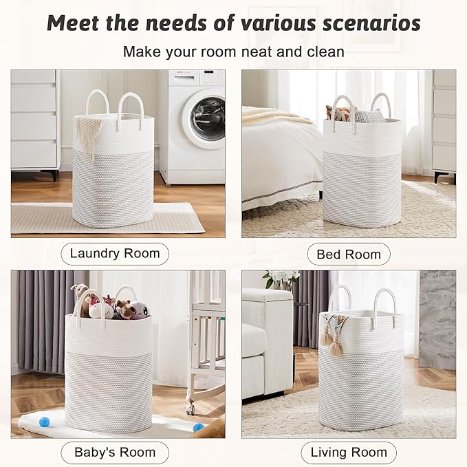 Laundry Basket,Woven Cotton Rope Laundry Hamper,Versatile Storage for Dirty Clothes,Baby Toys,and Blankets in Bathroom, Nursery,and Living Room (White, 40L)