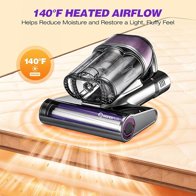 SakerPlus Powerful Bed Vacuum Cleaner,16KPa Mattress Vacuum with 36,000 Pulses/Min Beating & 140°F Warm Air, 3-Cup Cyclone System, Smart Display, Handheld Vacuum for Bed Sofa Couch Pet Hair