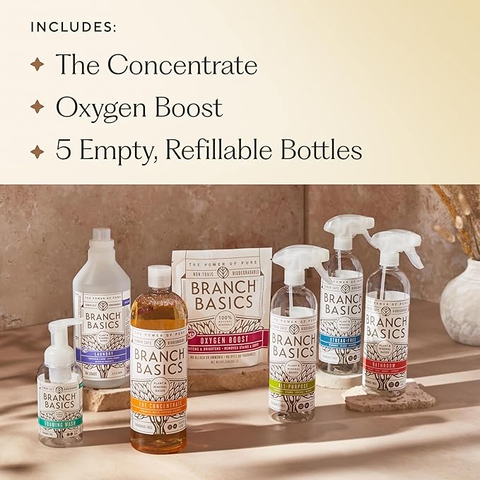Branch Basics Premium Starter Kit: All Purpose Cleaner, Glass, and Bathroom Cleaner plus our Foaming Wash, and Laundry Bottle (3 Plastic Spray Bottles + Concentrate) Fragrance-Free