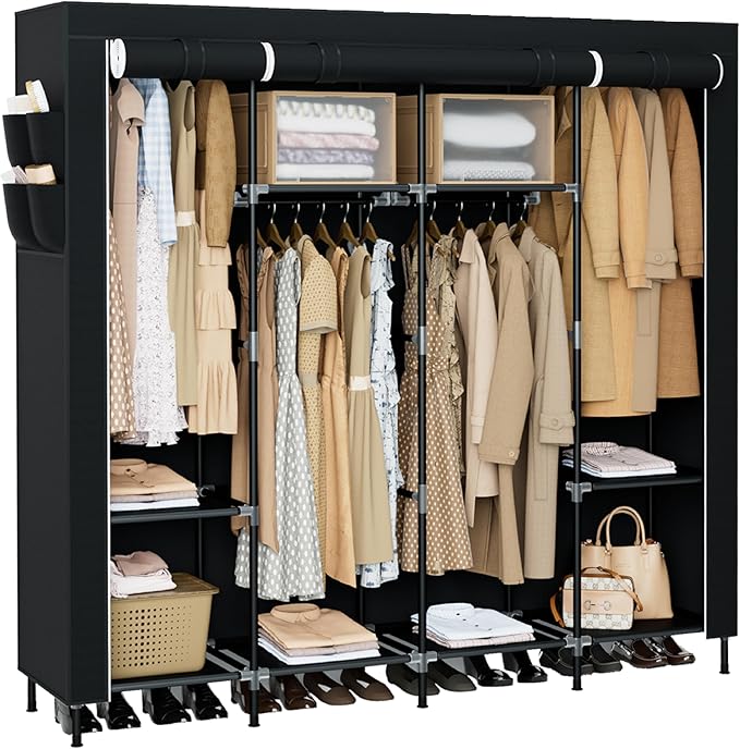 CASAMAYA Portable Closet, 66.9 Inch Large Capacity Wardrobe Closet with Cover, Clothes Storage Organizer with Shelves and 4 Hanging Rods, Easy to Assembly, Black PCT204B01