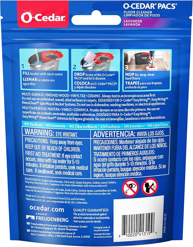 O-Cedar PACS Hard Floor Cleaner, Lavender Scent 10 Count (1-Pack) | Made with Naturally-Derived Ingredients | Safe to Use on All Hard Floors | Perfect for Mop Buckets