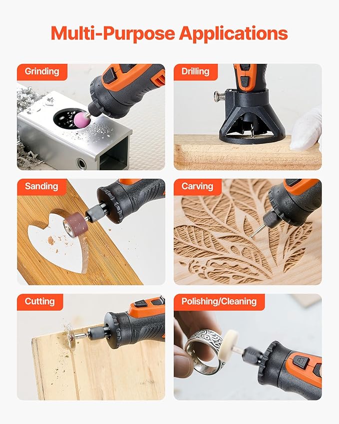 VEVOR 136-Piece Cordless Rotary Tool Kit, DC8V Portable Mini Power Rotary Tool, 5 Speeds 5000-30000RPM Multi-Purpose DIY Tools for Engraving, Sanding, Polishing, Carving, Grinding, Cutting, DIY Craft