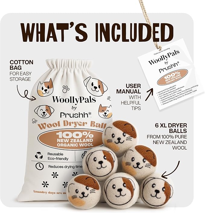 WoollyPals Wool Dryer Balls (6-Pack, XL Size)- 100% New Zealand Organic Wool - Sustainable & Eco-Friendly - Dry 1,000 Loads, Replaces Dryer Sheets, Reduces Static Cling, Reusable (Multi Colour)