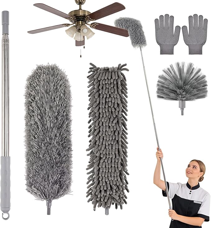 Microfiber Feather Duster 5-in-1 Kit with Extension Pole, Washable Cleaning Duster Set with 3 Duster Heads, Cobweb Duster, Corner Brush, 100'' Extendable Long Duster for High Ceilings, Fans, Furniture
