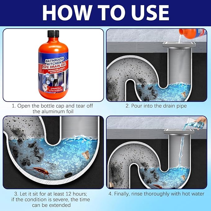 Drain Clog Remover, Professional Strength Liquid Drain Opener and Cleaner, Fast Acting Dissolver for Bathroom, Kitchen and Toilet, 500mL