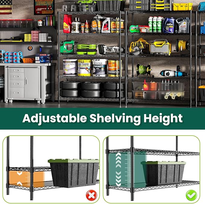 48" W Storage Shelves 1875LBS Metal Shelving, 5-Tier Adjustable Wire Shelving Unit with Liners, Heavy Duty Garage Shelving Steel Rack for Commercial Pantry, 48" W x 18" D x 72" H, Black