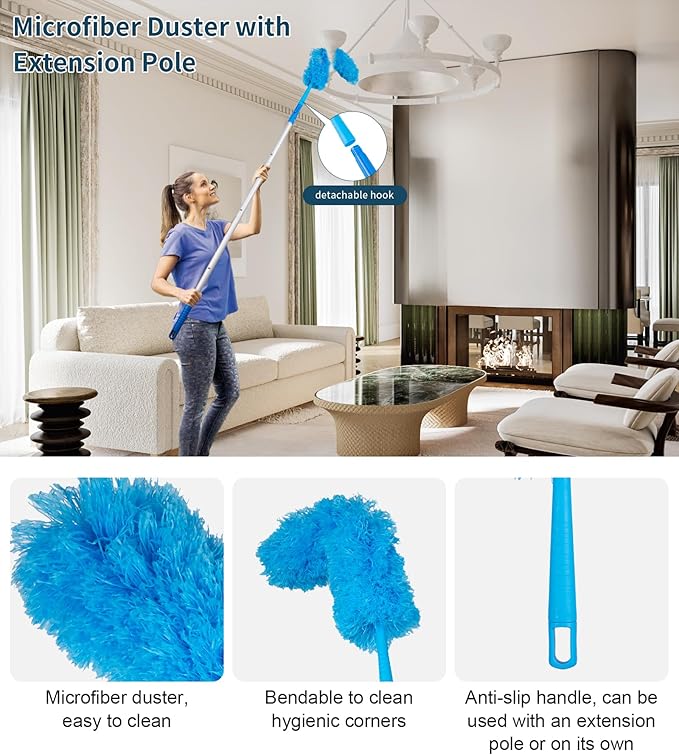 Window Cleaning Kit,Swivel Squeegee & Scrubber with Extension Poles,Foldable Bucket,Blendable Duster,2 Scrubber Pads & Cleaning Cloth, Glass Scraper Cleaning Tool Kit for Window Glass Mirror Car