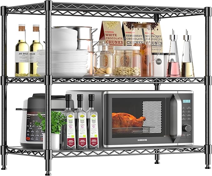 3-Tier Storage Shelves 795LBS Metal Shelving Unit, Adjustable Wire Rack Small Shelf Organizer with Shelf Liners for Kitchen Pantry Office Closet Garage 24" W x 14" D x 30.5" H Black