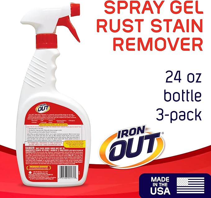 IRON OUT Rust Stain Remover Spray Gel, Removes Rust Stains in Bathrooms, Kitchens, Laundry, and Outdoors, No Scrubbing, Made in the USA, 24 Ounces, 3-Pack