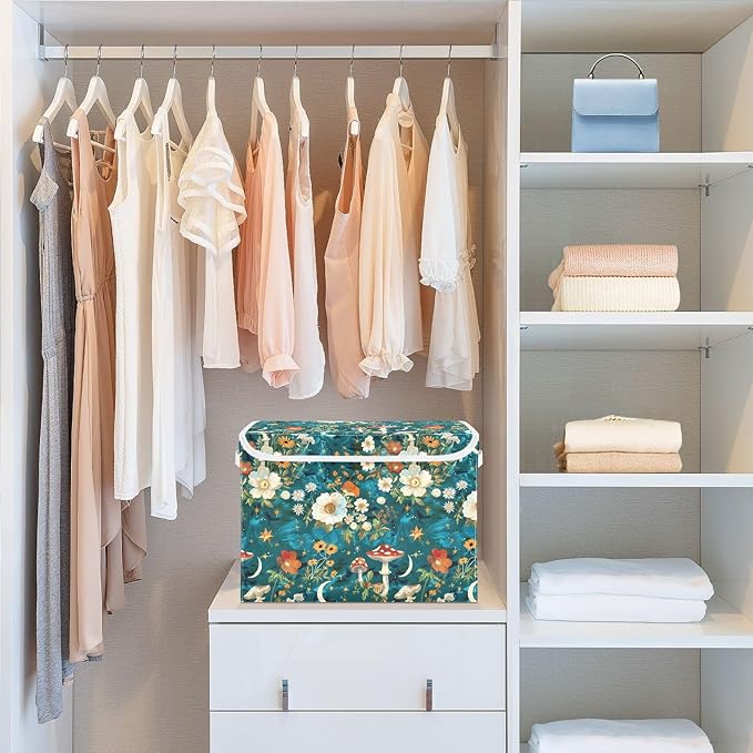 senya Large Storage Bins with Linen Collapsible Foldable Storage Cubes Fabric Closet Organizer Containers box with Flip-Top Lid for Home Bedroom Office 16.7 x 12.6 x 11.8in (Flowers Mushrooms Stars)