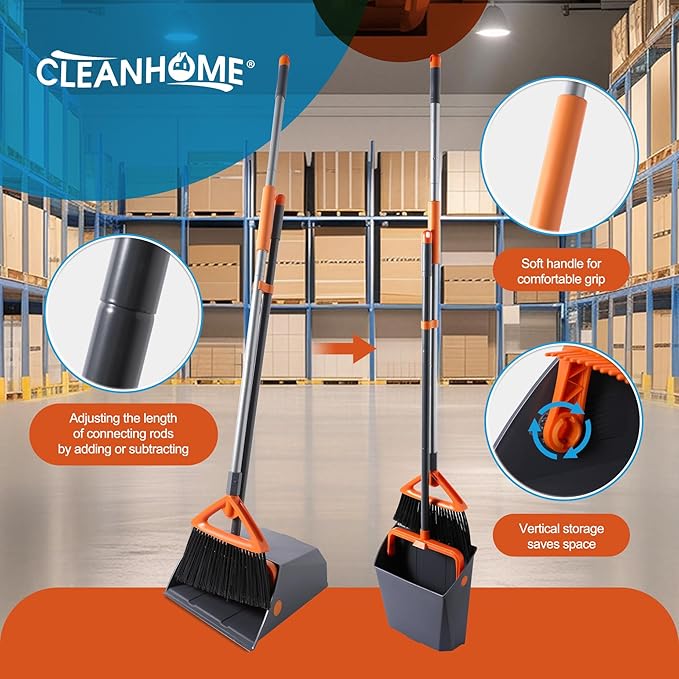 Heavy Duty Outdoor Broom and Dustpan Set with Long Handle, Standing Dustpan & Split-End Bristles for Patio, Garage, Deck, Leaves Debris Cleaning