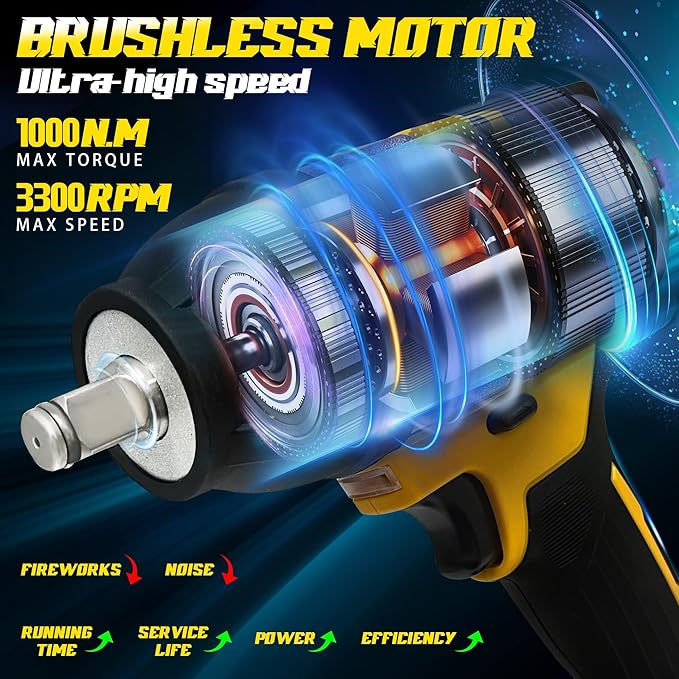 1000N.m(740Ft-lbs) Cordless Impact Wrench, 1/2 Inch High Torque Brushless 21V Impact Gun w/ 2 x 4.0Ah Battery & Fast Charger & 6 Sockets, Pistola De Impacto for Home Car Tires Truck Mower