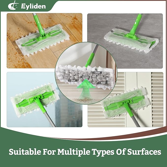 Eyliden Sweeper Mop with 36 Refills - 3 Types of Disposable Dry & Wet Cloths | Lock-Tight Design No Lost Pads, Universal Refills, Multi-Surface Sweeping Starter Kit for Pet Hair, Dust, Floor Cleaning