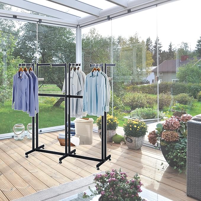 Floor Standing Metal Garment Rack - Heavy Retail Display Racks With Wheels, 6 Arms Clothing Rack, Square Tubing Portable Shirt Racks, Merchandise Display For Hanging Clothes (Black)